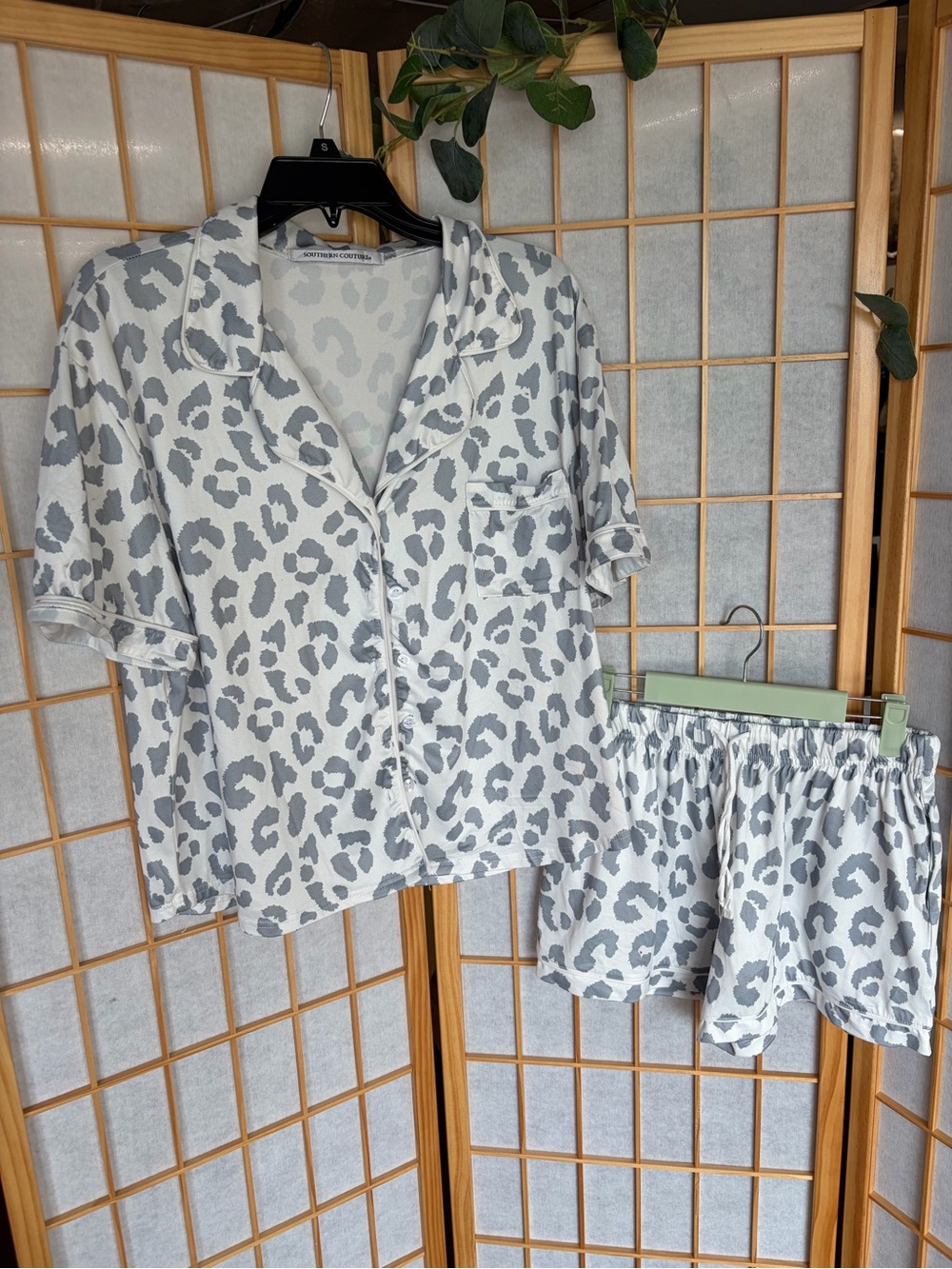 Grey Leopard Print Short Sleeve Pajama Set - Women's Two-Piece Lounge Set